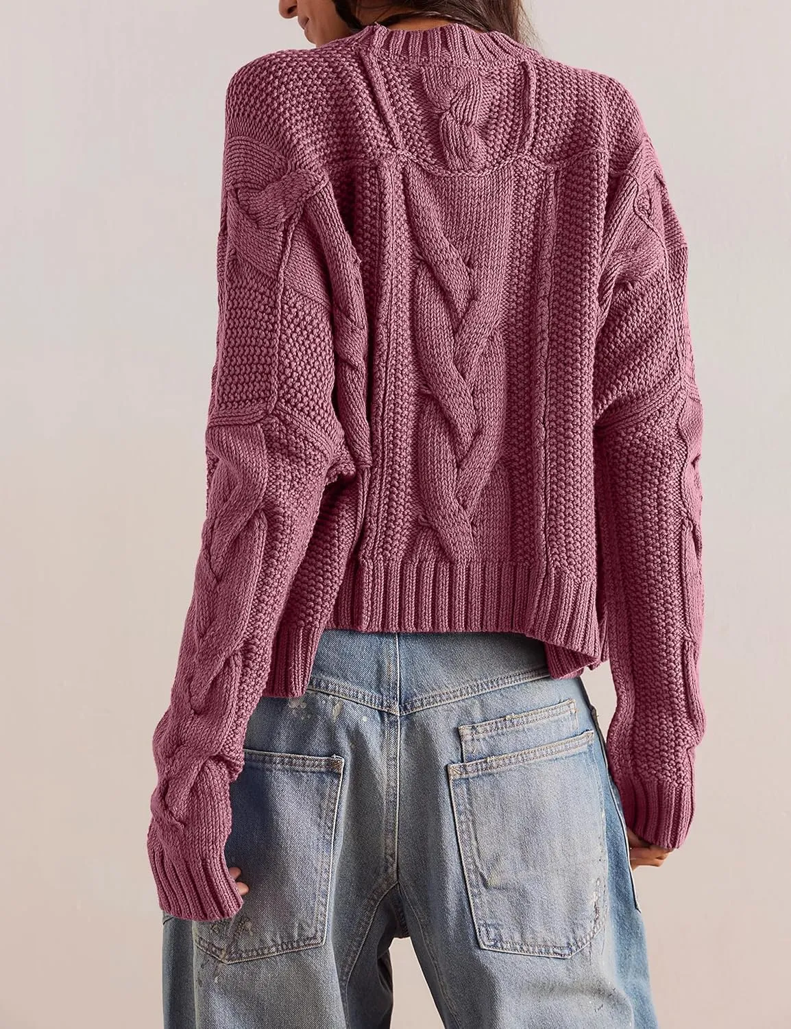 Loose Crew Neck Cropped Sweaters for Women Casual Long Sleeve Cable Knit Pullover Sweater Fall Solid Chunky Sweater