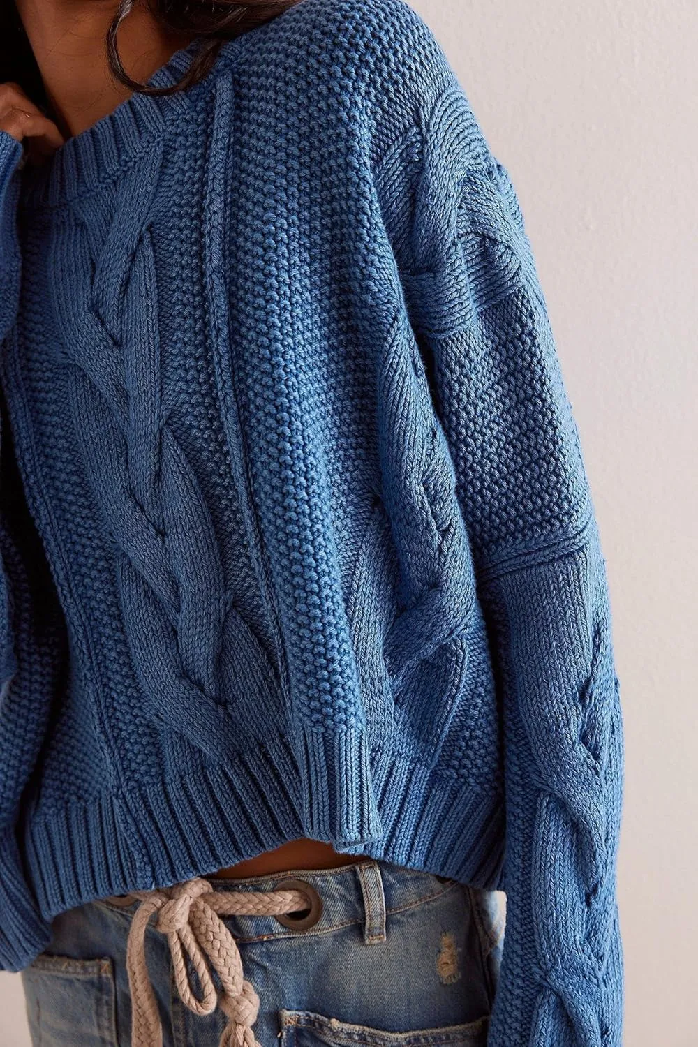 Loose Crew Neck Cropped Sweaters for Women Casual Long Sleeve Cable Knit Pullover Sweater Fall Solid Chunky Sweater