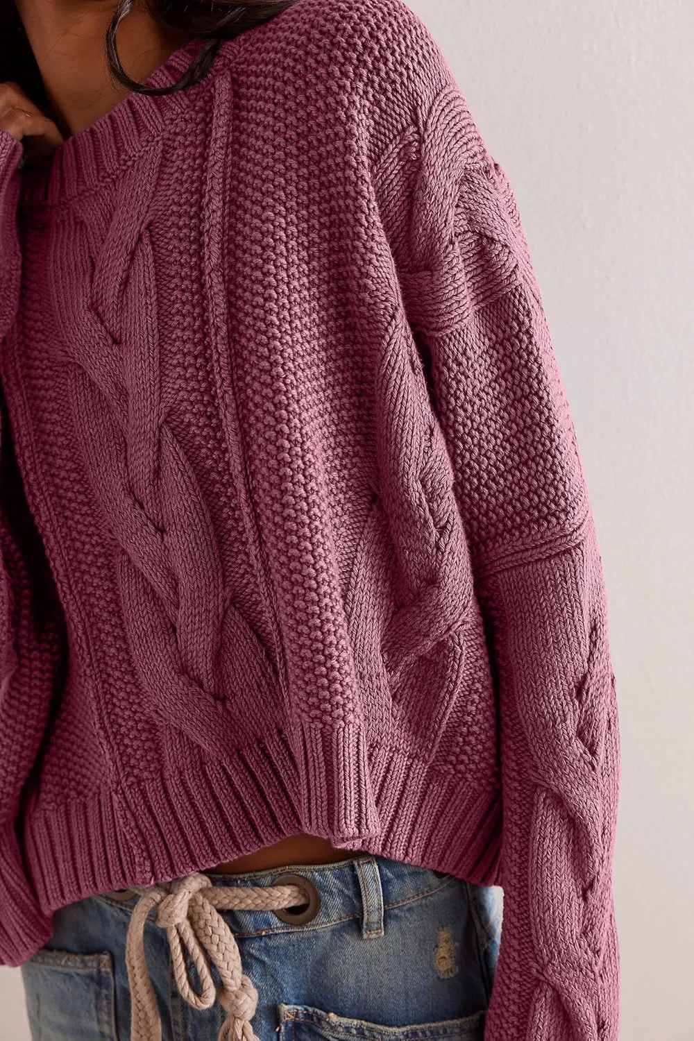 Loose Crew Neck Cropped Sweaters for Women Casual Long Sleeve Cable Knit Pullover Sweater Fall Solid Chunky Sweater