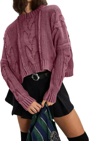 Loose Crew Neck Cropped Sweaters for Women Casual Long Sleeve Cable Knit Pullover Sweater Fall Solid Chunky Sweater