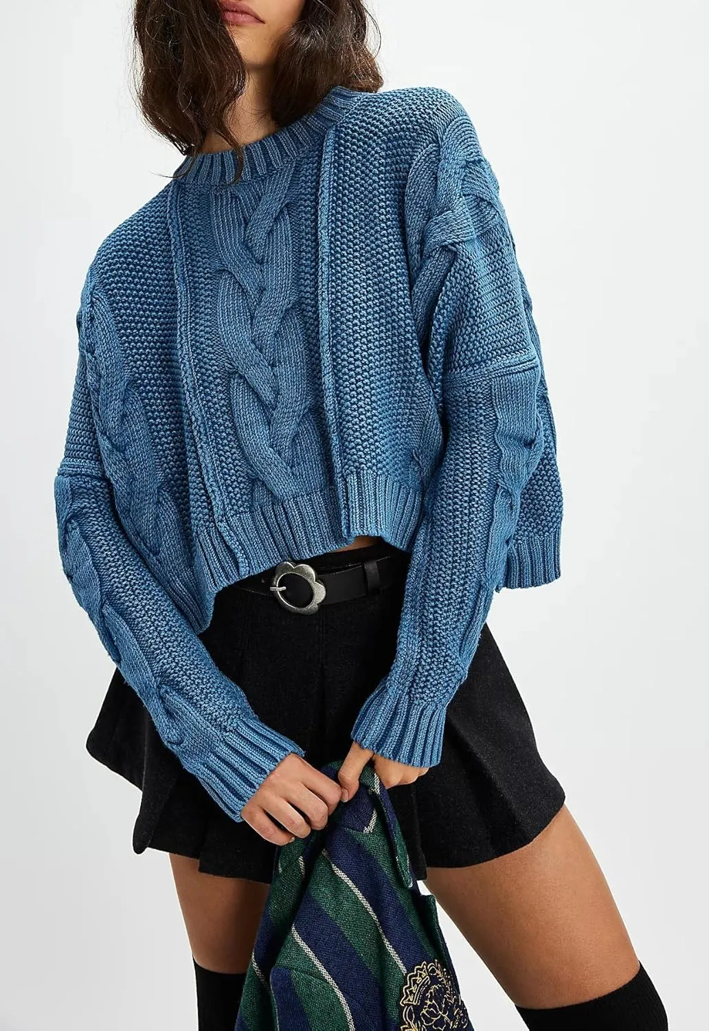 Loose Crew Neck Cropped Sweaters for Women Casual Long Sleeve Cable Knit Pullover Sweater Fall Solid Chunky Sweater