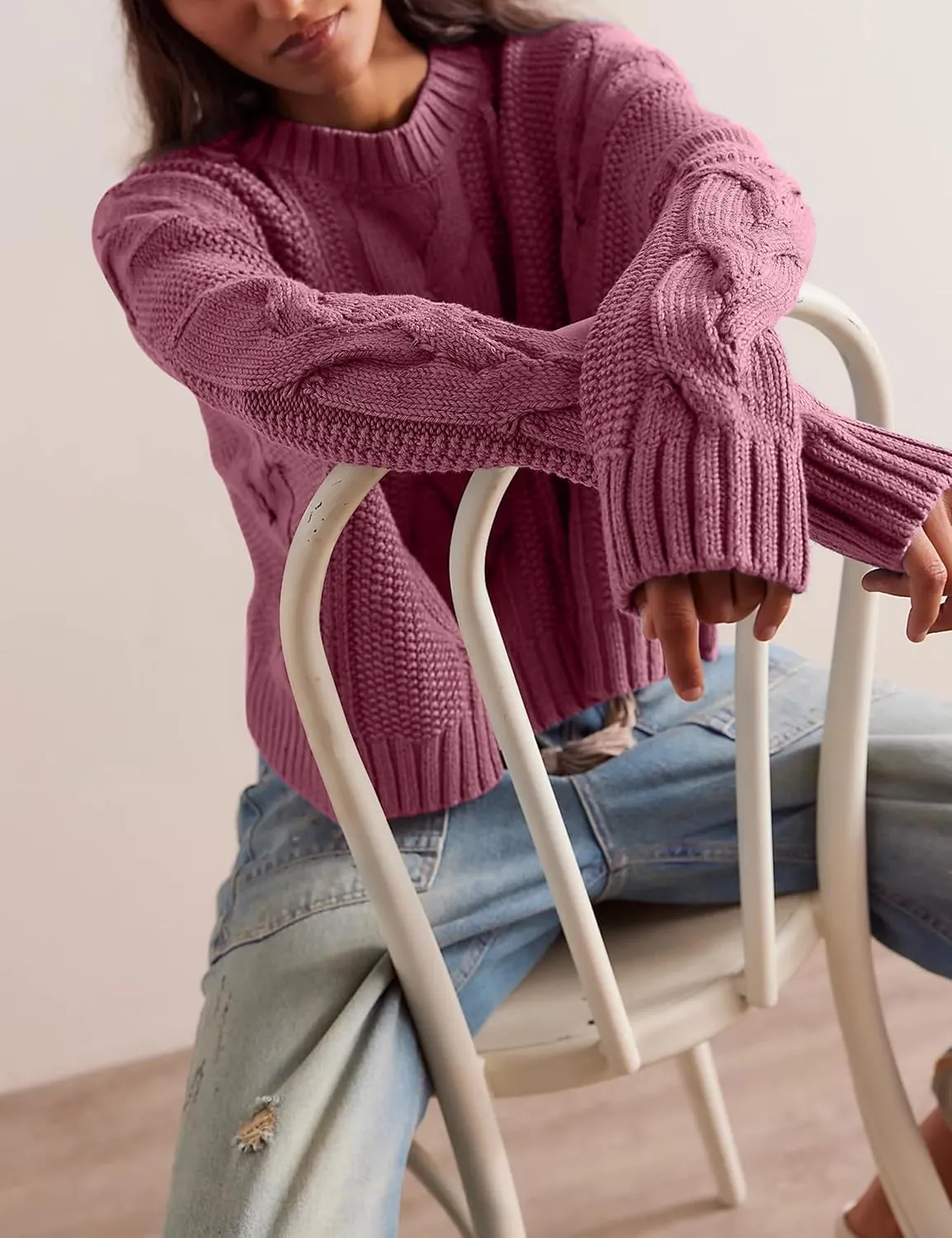 Loose Crew Neck Cropped Sweaters for Women Casual Long Sleeve Cable Knit Pullover Sweater Fall Solid Chunky Sweater