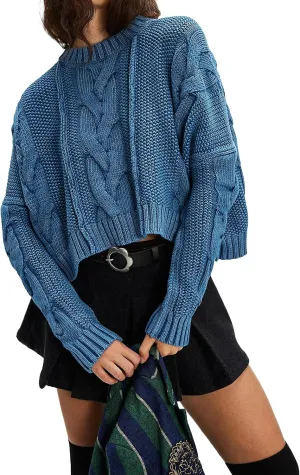 Loose Crew Neck Cropped Sweaters for Women Casual Long Sleeve Cable Knit Pullover Sweater Fall Solid Chunky Sweater