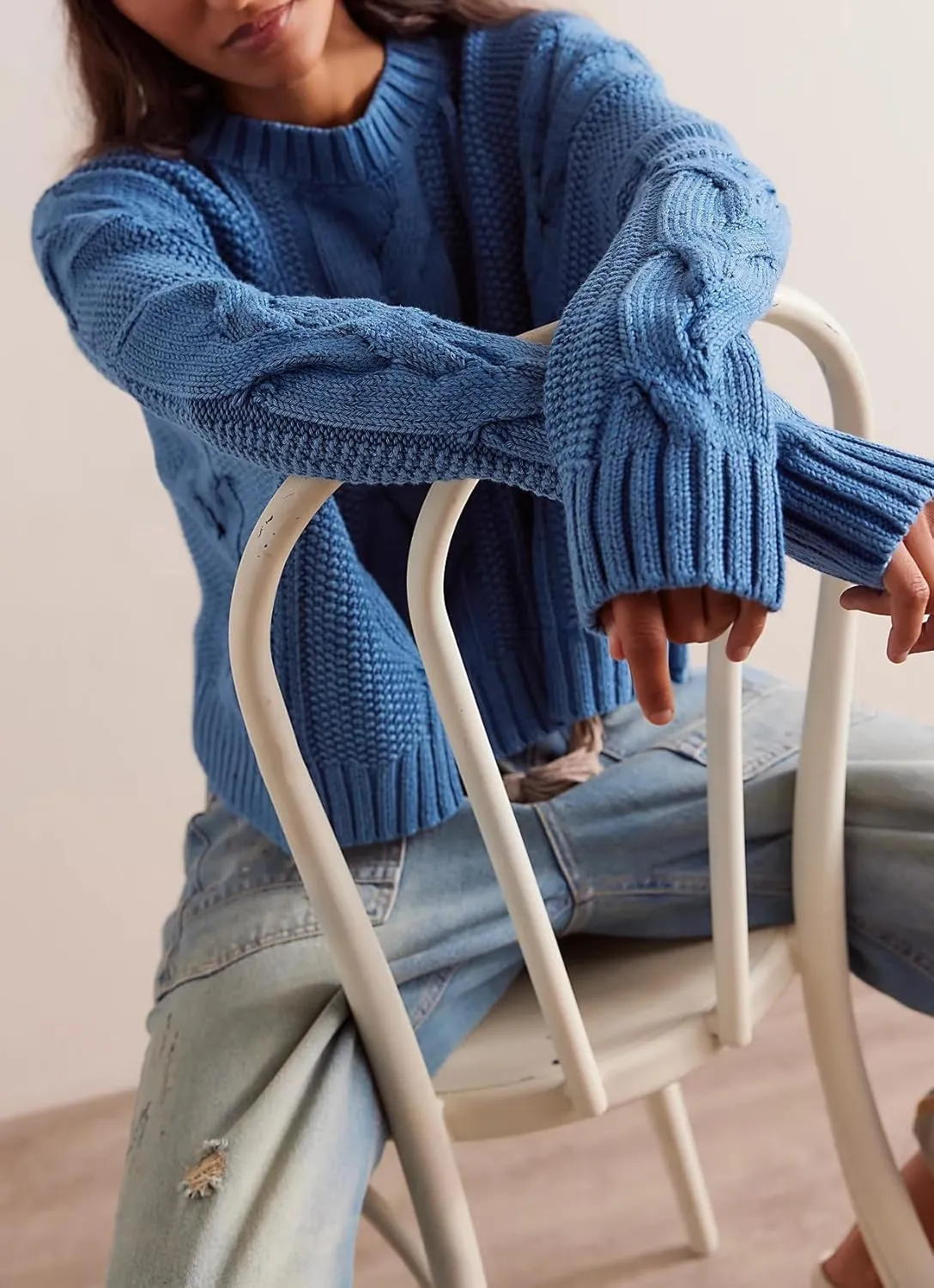 Loose Crew Neck Cropped Sweaters for Women Casual Long Sleeve Cable Knit Pullover Sweater Fall Solid Chunky Sweater