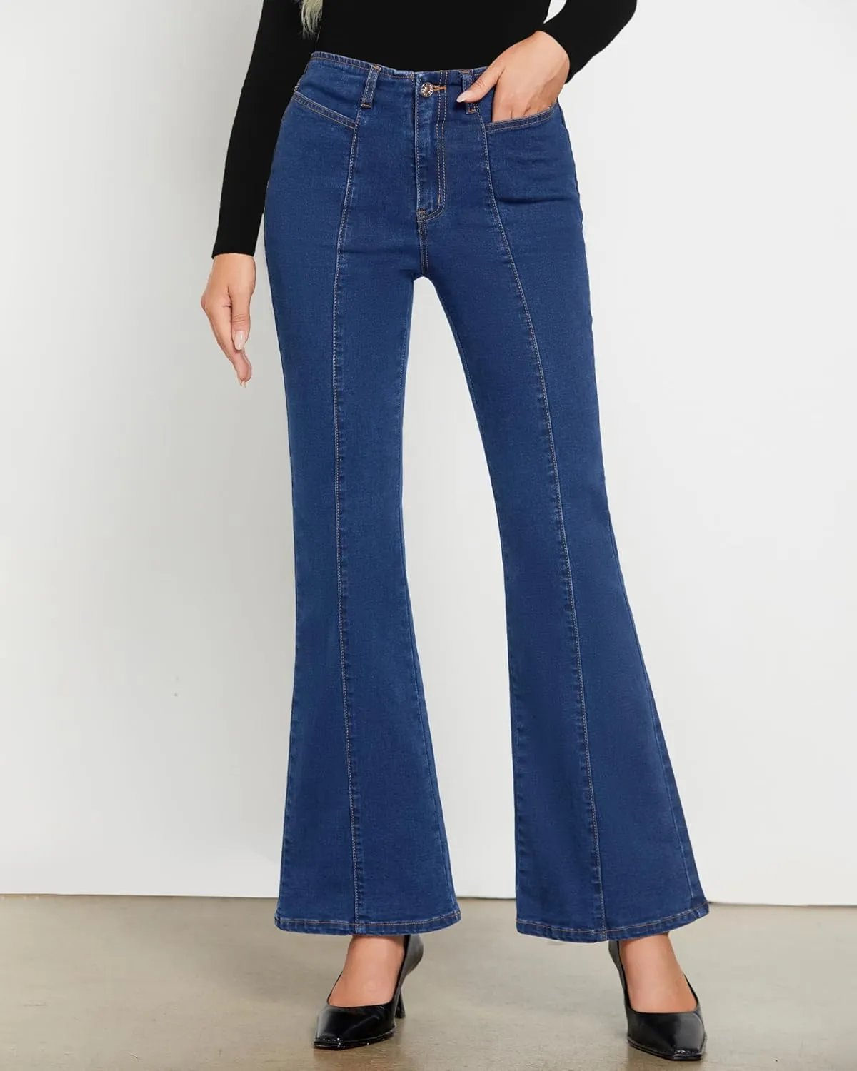 luvamia Flare Jeans for Women High Waisted Wide Leg Trendy Seamed Front Stretchy Denim Jean Pants Pockets Trouser Jeans