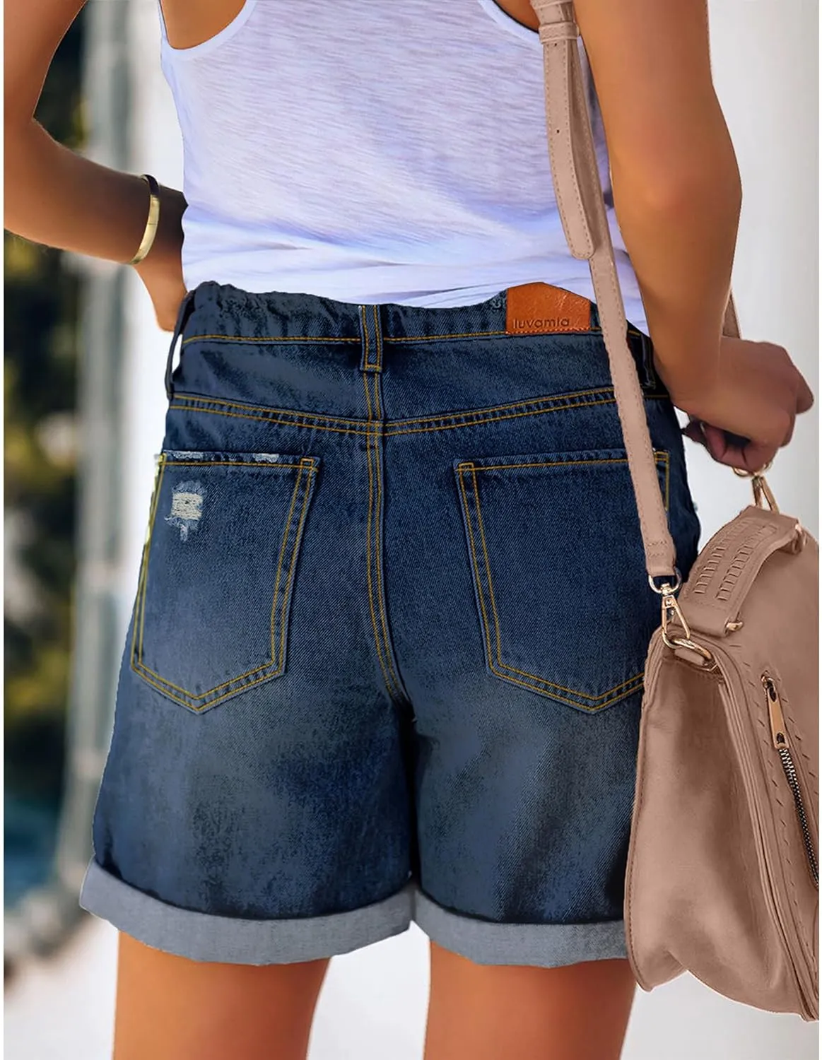 luvamia Women's Casual Ripped Denim Shorts High Rise Distressed Rolled Hem Jeans Shorts