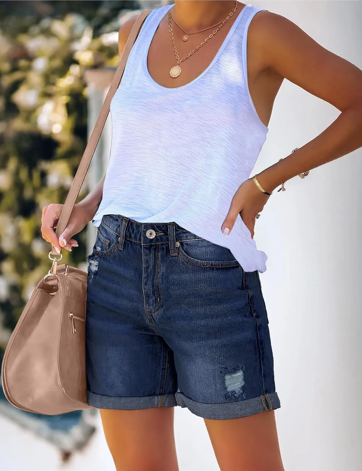 luvamia Women's Casual Ripped Denim Shorts High Rise Distressed Rolled Hem Jeans Shorts