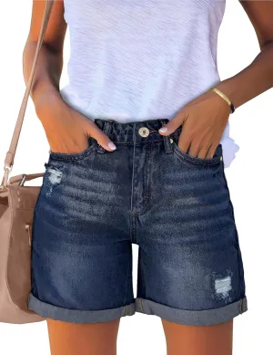 luvamia Women's Casual Ripped Denim Shorts High Rise Distressed Rolled Hem Jeans Shorts