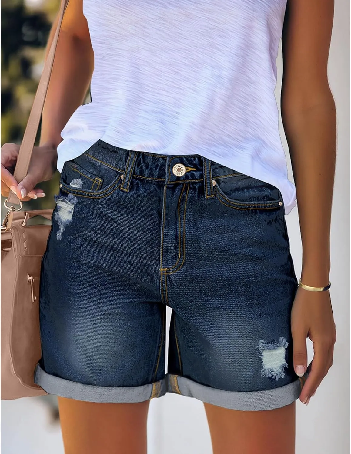 luvamia Women's Casual Ripped Denim Shorts High Rise Distressed Rolled Hem Jeans Shorts