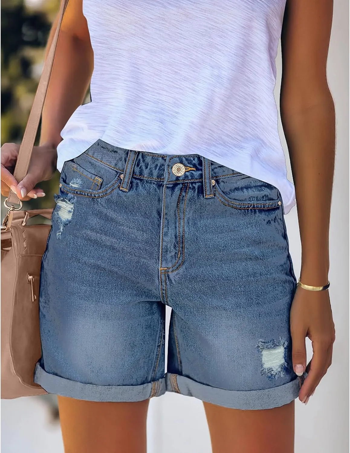 luvamia Women's Casual Ripped Denim Shorts High Rise Distressed Rolled Hem Jeans Shorts