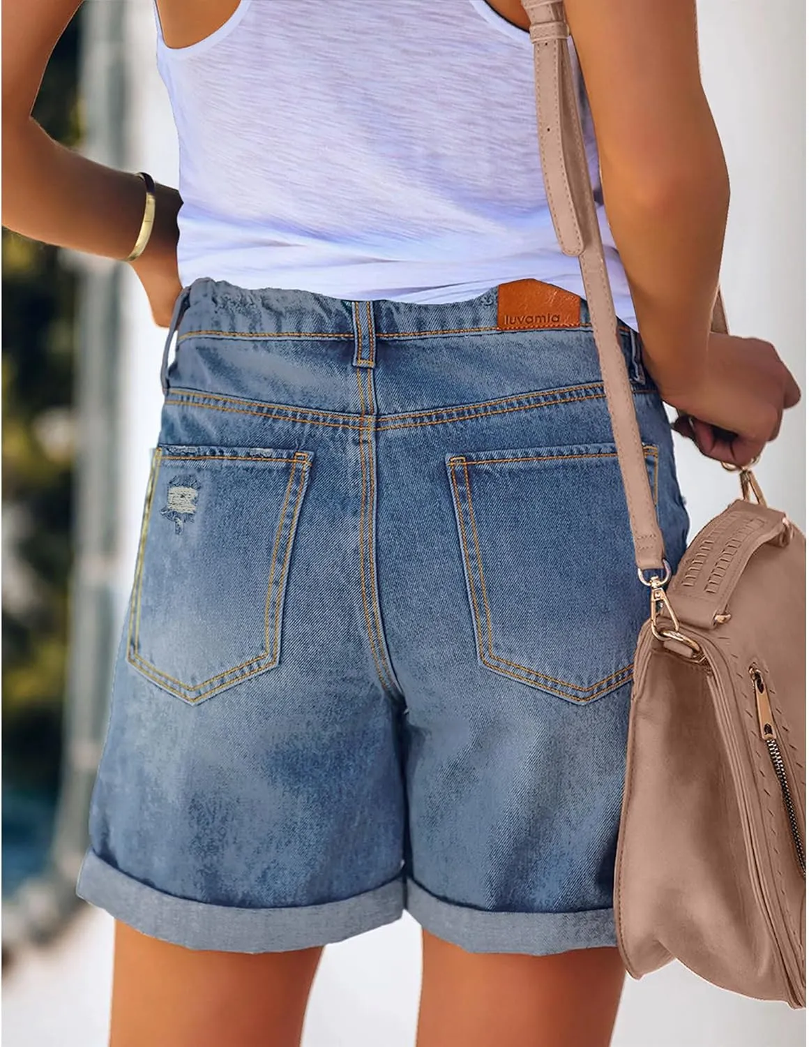 luvamia Women's Casual Ripped Denim Shorts High Rise Distressed Rolled Hem Jeans Shorts