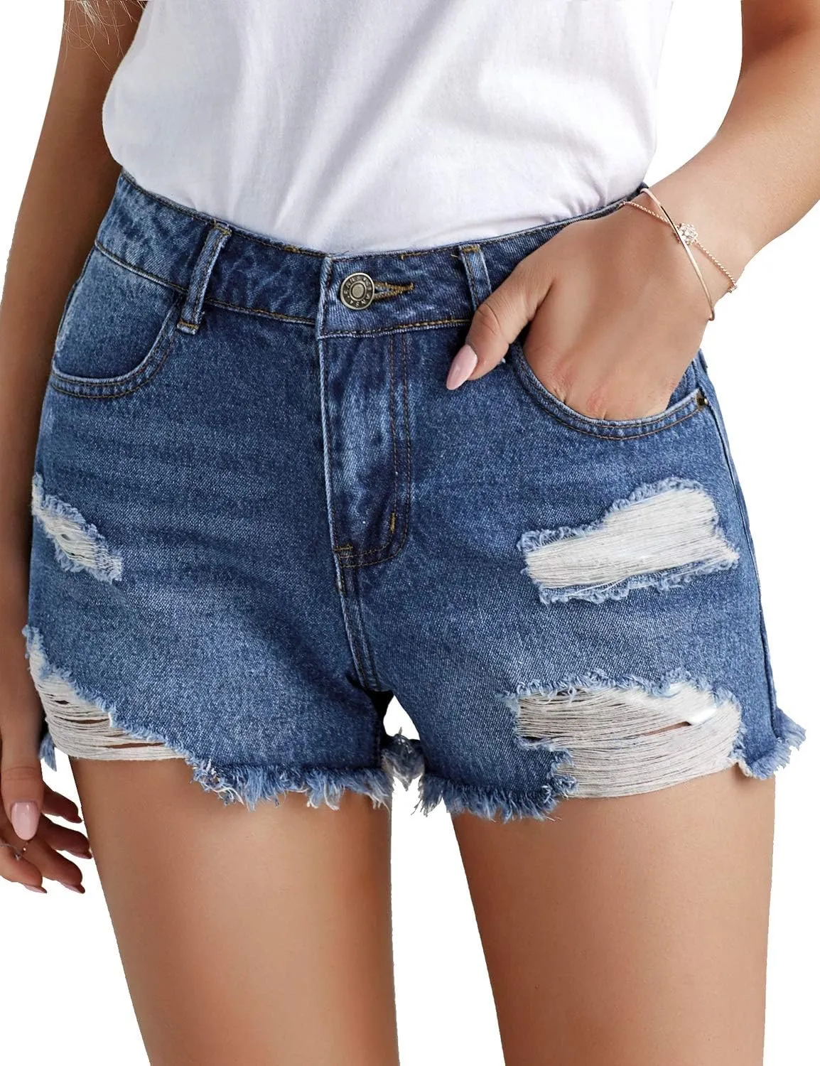 luvamia Women's High Waisted Ripped Denim Shorts Frayed Raw Hem Casual Jeans Shorts
