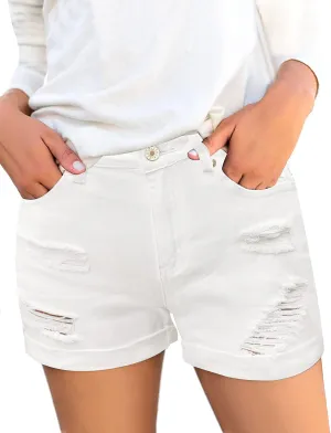 luvamia Women's Ripped High Waisted Denim Shorts Stretchy Cuffed Hem Jean Shorts