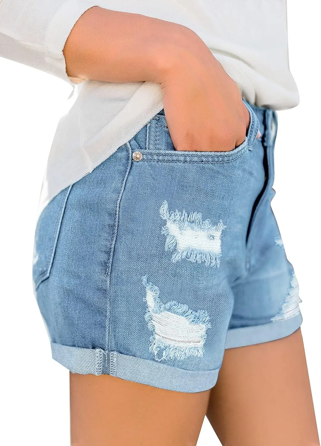 luvamia Women's Ripped High Waisted Denim Shorts Stretchy Cuffed Hem Jean Shorts