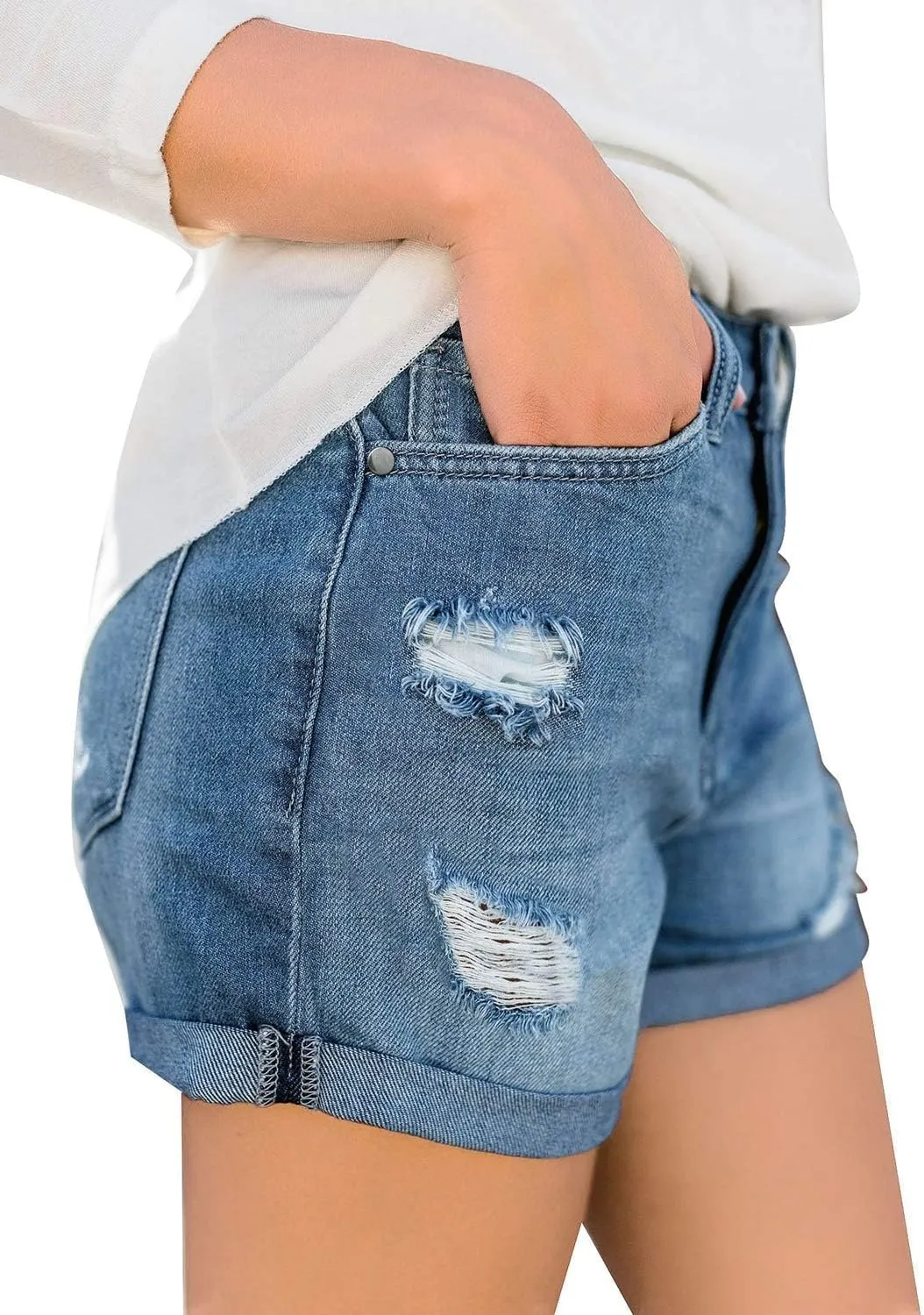 luvamia Women's Ripped High Waisted Denim Shorts Stretchy Cuffed Hem Jean Shorts