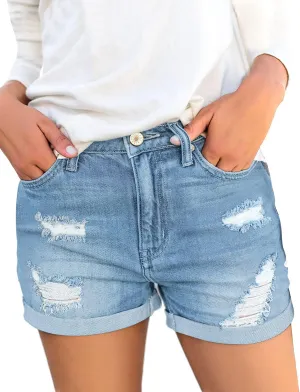 luvamia Women's Ripped High Waisted Denim Shorts Stretchy Cuffed Hem Jean Shorts