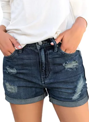 luvamia Women's Ripped High Waisted Denim Shorts Stretchy Cuffed Hem Jean Shorts