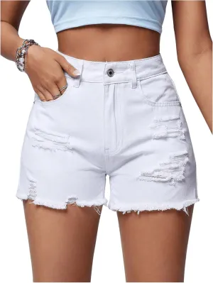 MakeMeChic Women's High Waisted Ripped Denim Shorts Raw Trim Straight Leg Jean Shorts
