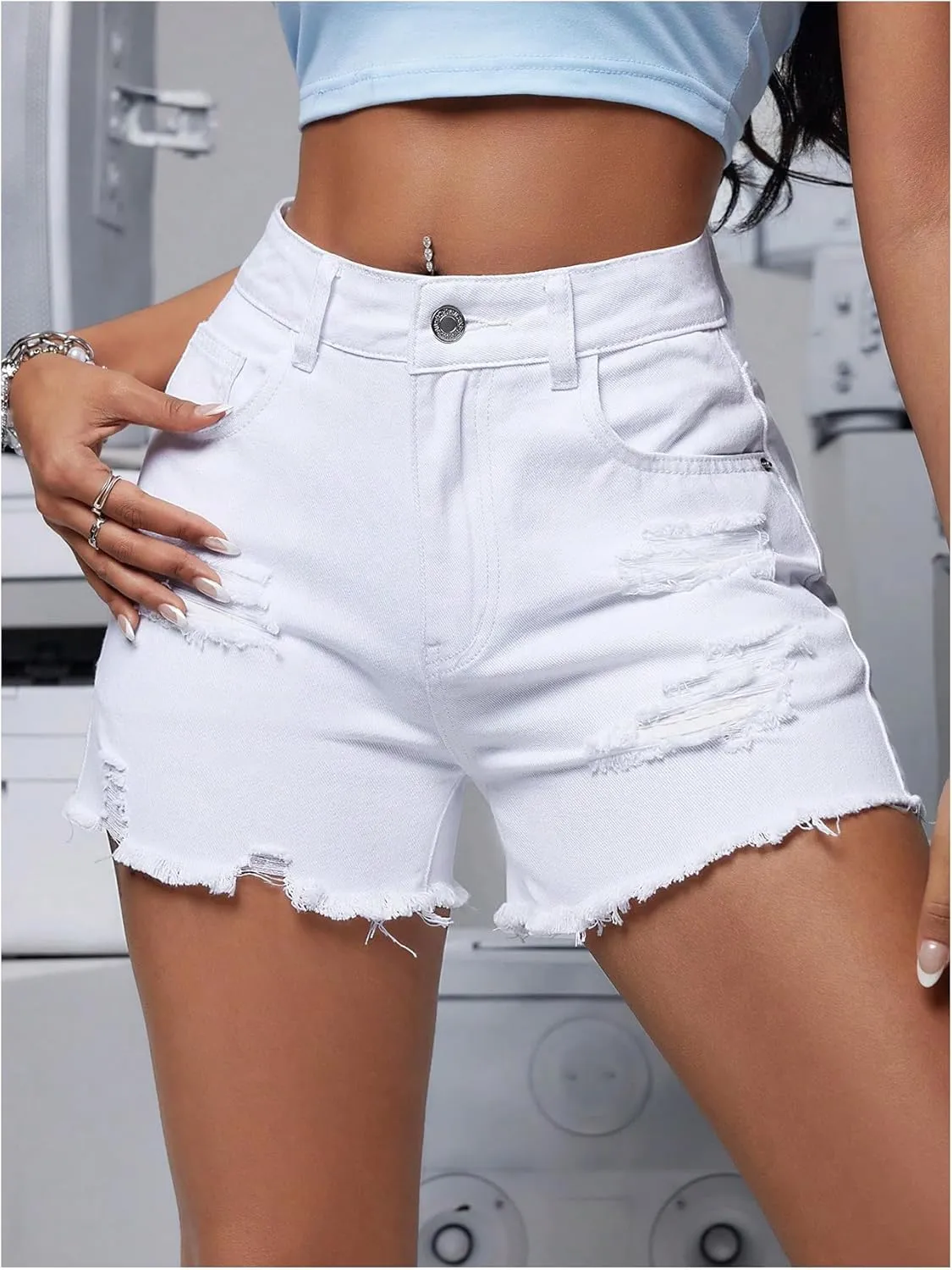 MakeMeChic Women's High Waisted Ripped Denim Shorts Raw Trim Straight Leg Jean Shorts