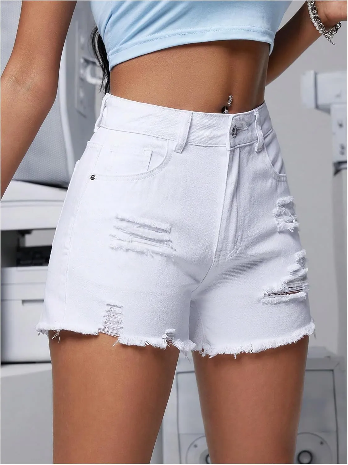 MakeMeChic Women's High Waisted Ripped Denim Shorts Raw Trim Straight Leg Jean Shorts