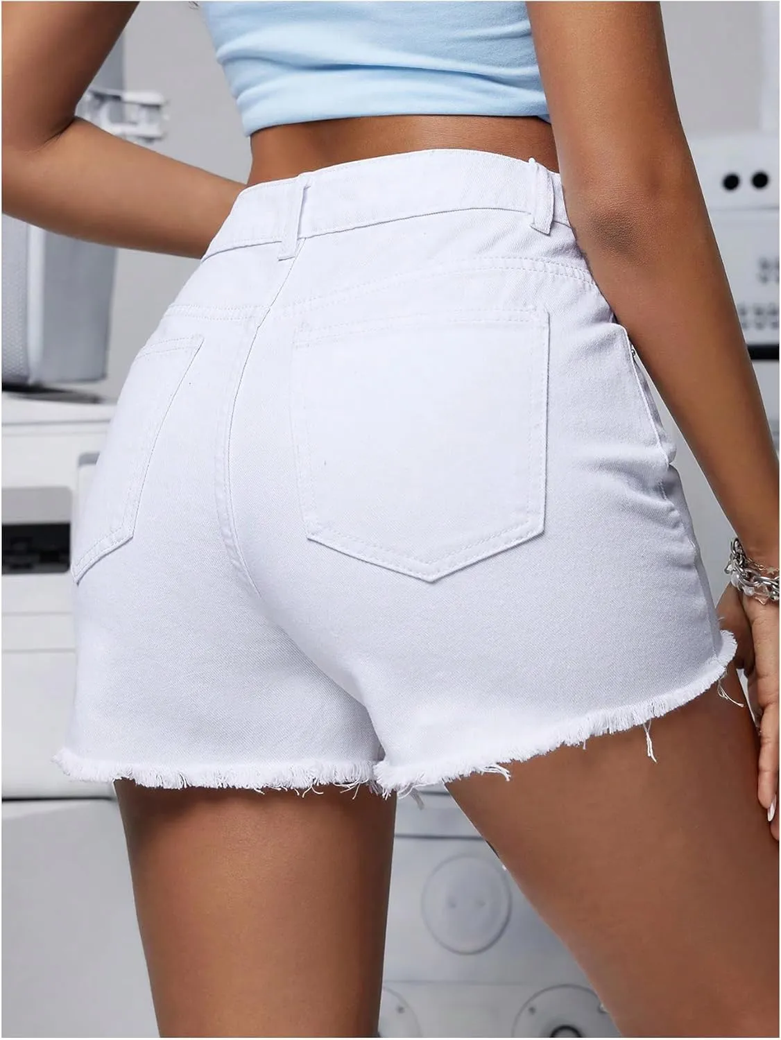 MakeMeChic Women's High Waisted Ripped Denim Shorts Raw Trim Straight Leg Jean Shorts