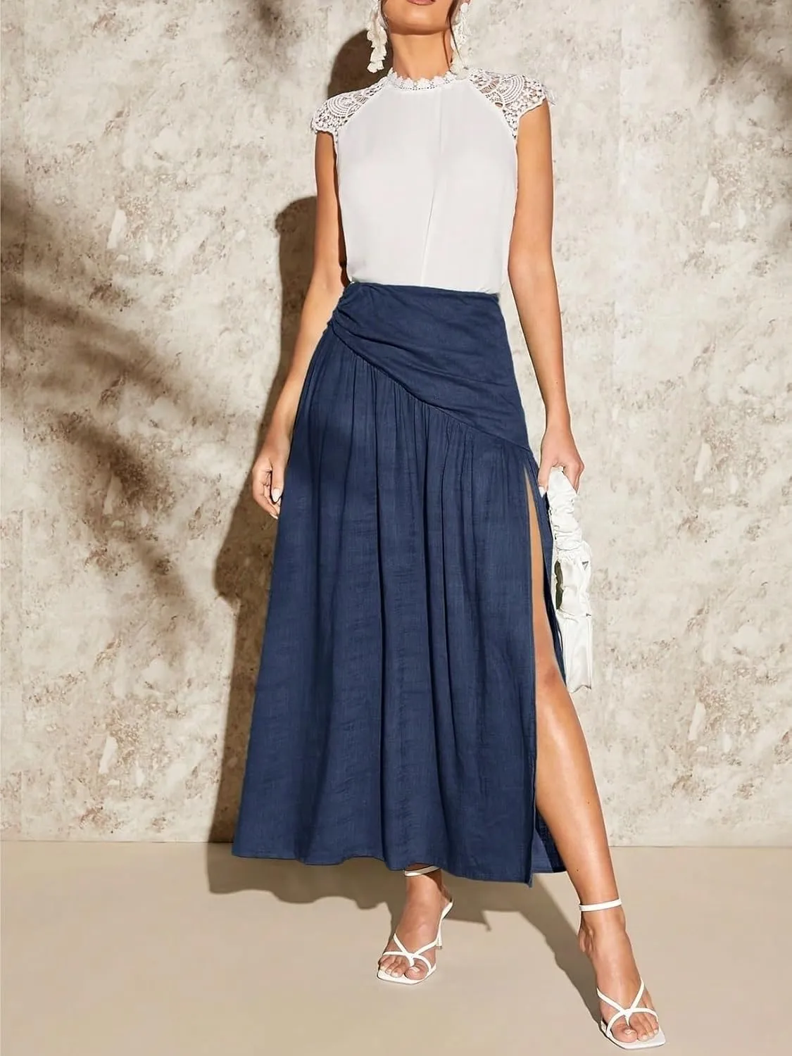 MATEKA Solid Slit Skirt Summer Beach Skirt for Women