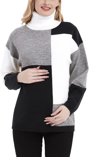 Maternity Turtleneck Sweater Long Sleeve Color Block Patchwork Knit Maternity Pullover Sweaters Tops Black XL