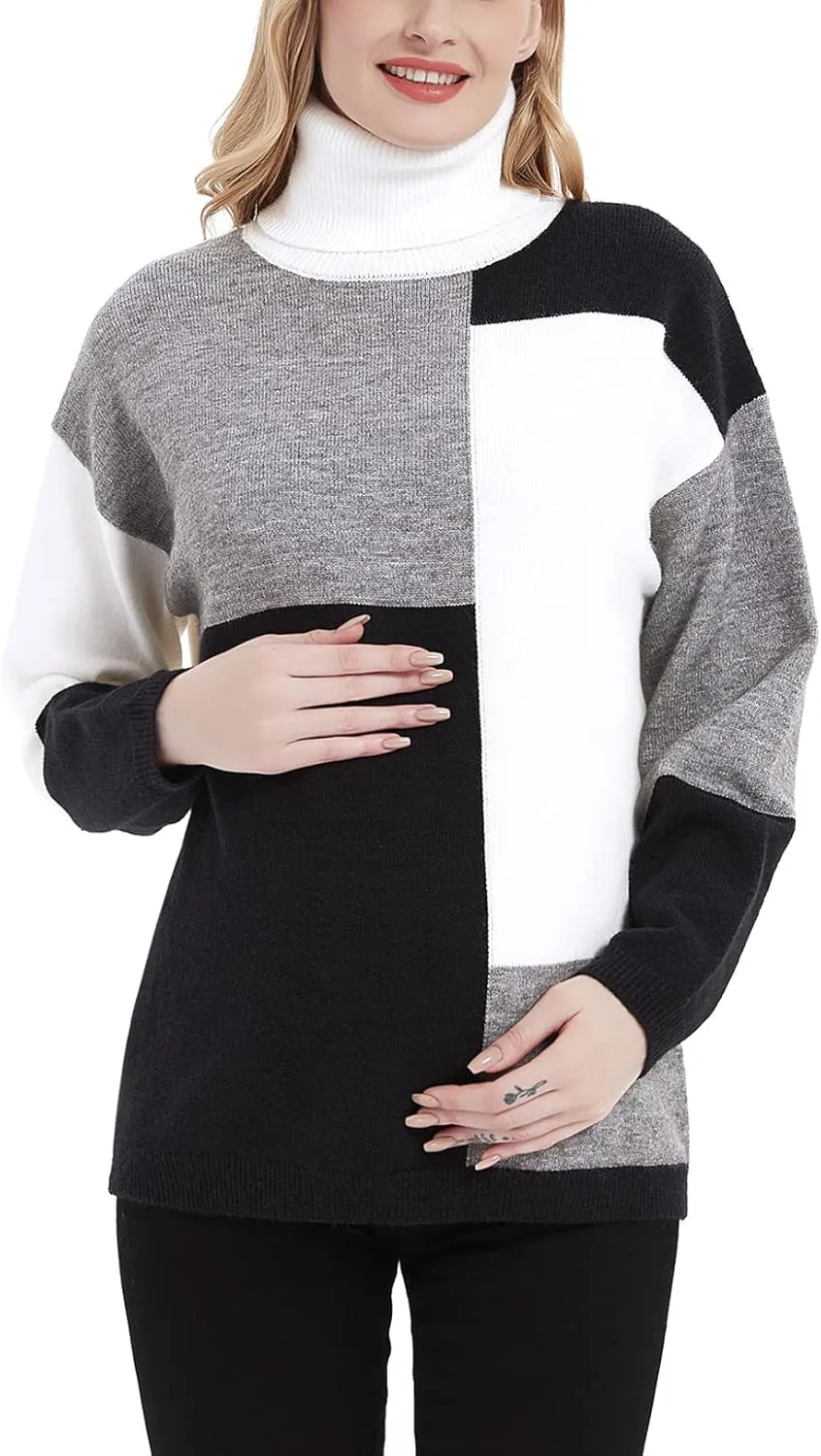 Maternity Turtleneck Sweater Long Sleeve Color Block Patchwork Knit Maternity Pullover Sweaters Tops Black XL