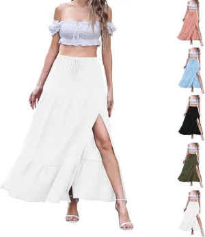Maxi Skirt for Women Slit Hem Elastic High Waist Solid Color A Line Boho Flowy Trendy Loose Casual Summer 2025