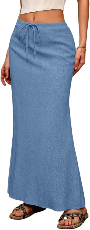 Maxi Skirts for Women 2025 Summer Linen Fishtail Split Long Skirts Drawstring Low Waist Vacation Boho Flowy Skirt