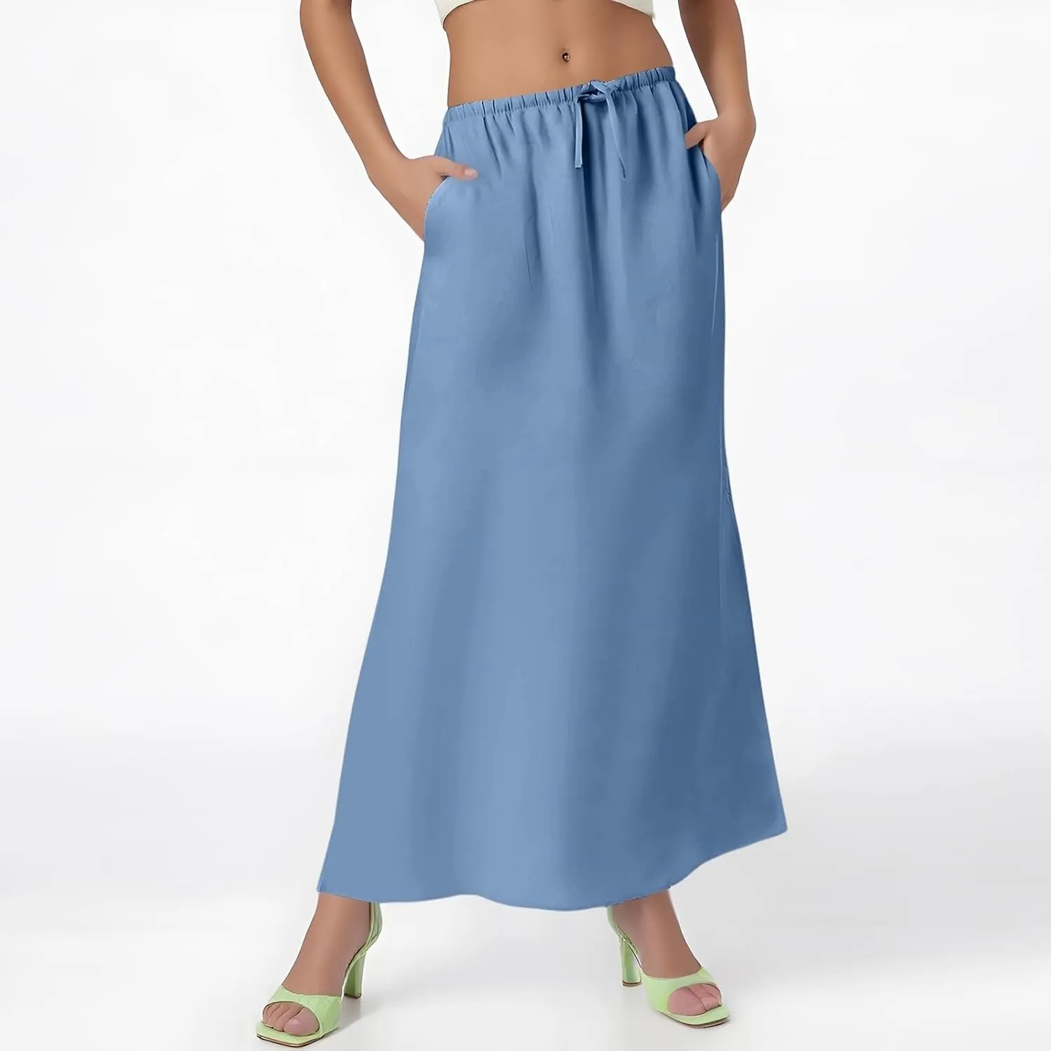 Maxi Skirts for Women 2025 Summer Linen Fishtail Split Long Skirts Drawstring Low Waist Vacation Boho Flowy Skirt