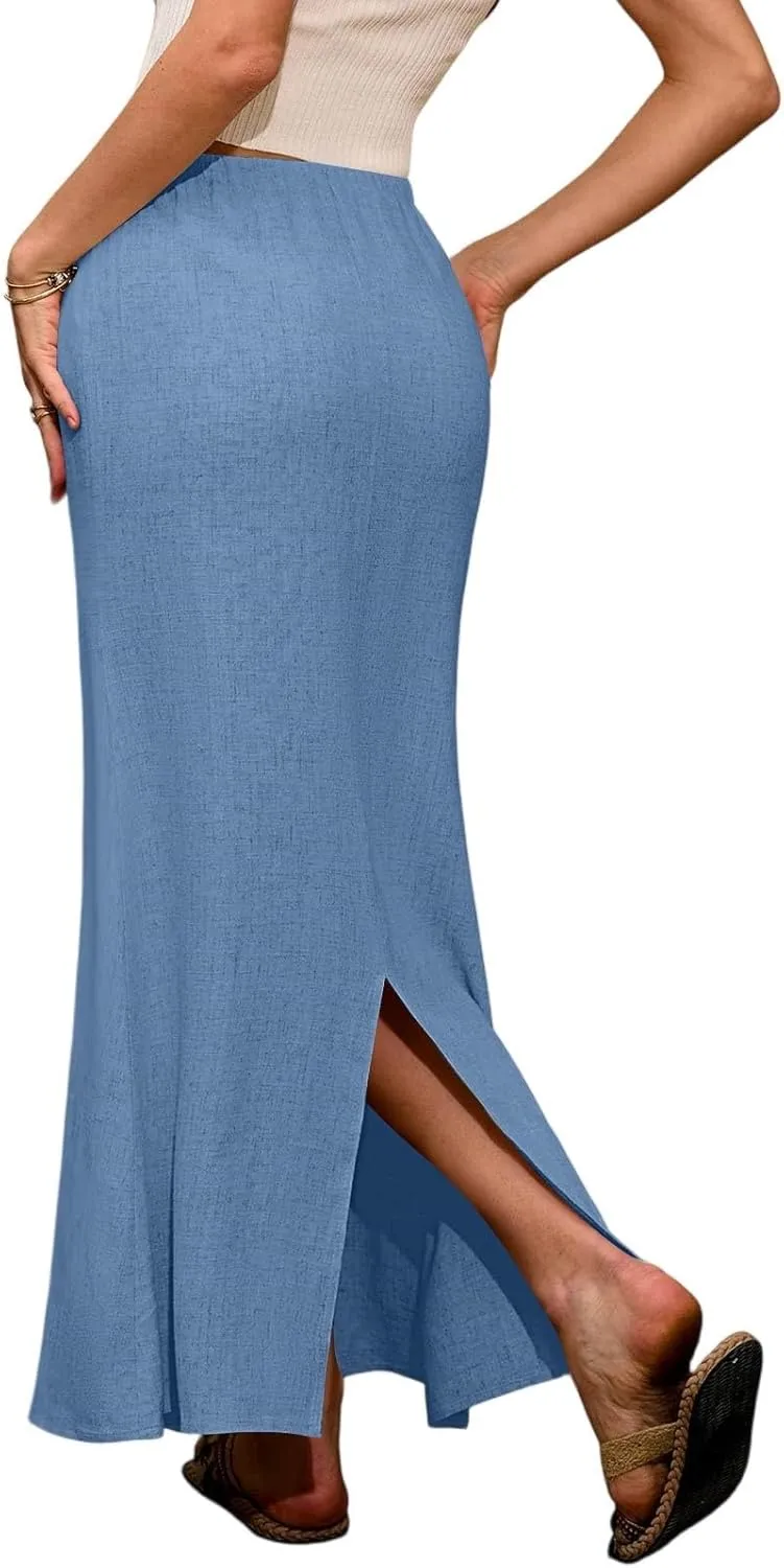 Maxi Skirts for Women 2025 Summer Linen Fishtail Split Long Skirts Drawstring Low Waist Vacation Boho Flowy Skirt
