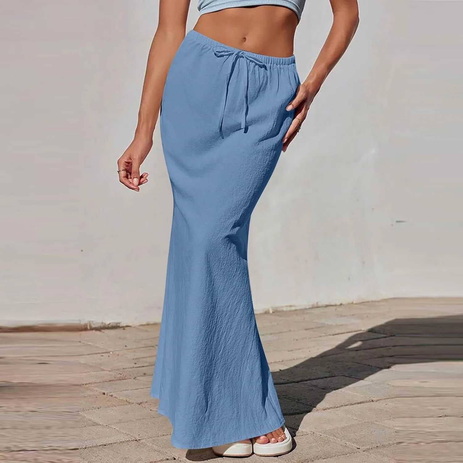 Maxi Skirts for Women 2025 Summer Linen Fishtail Split Long Skirts Drawstring Low Waist Vacation Boho Flowy Skirt