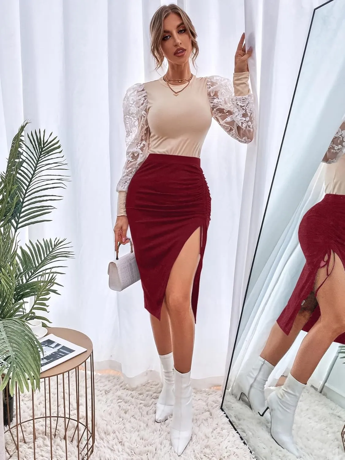 Maxi Skirts for Women Drawstring Side Slit Skirt
