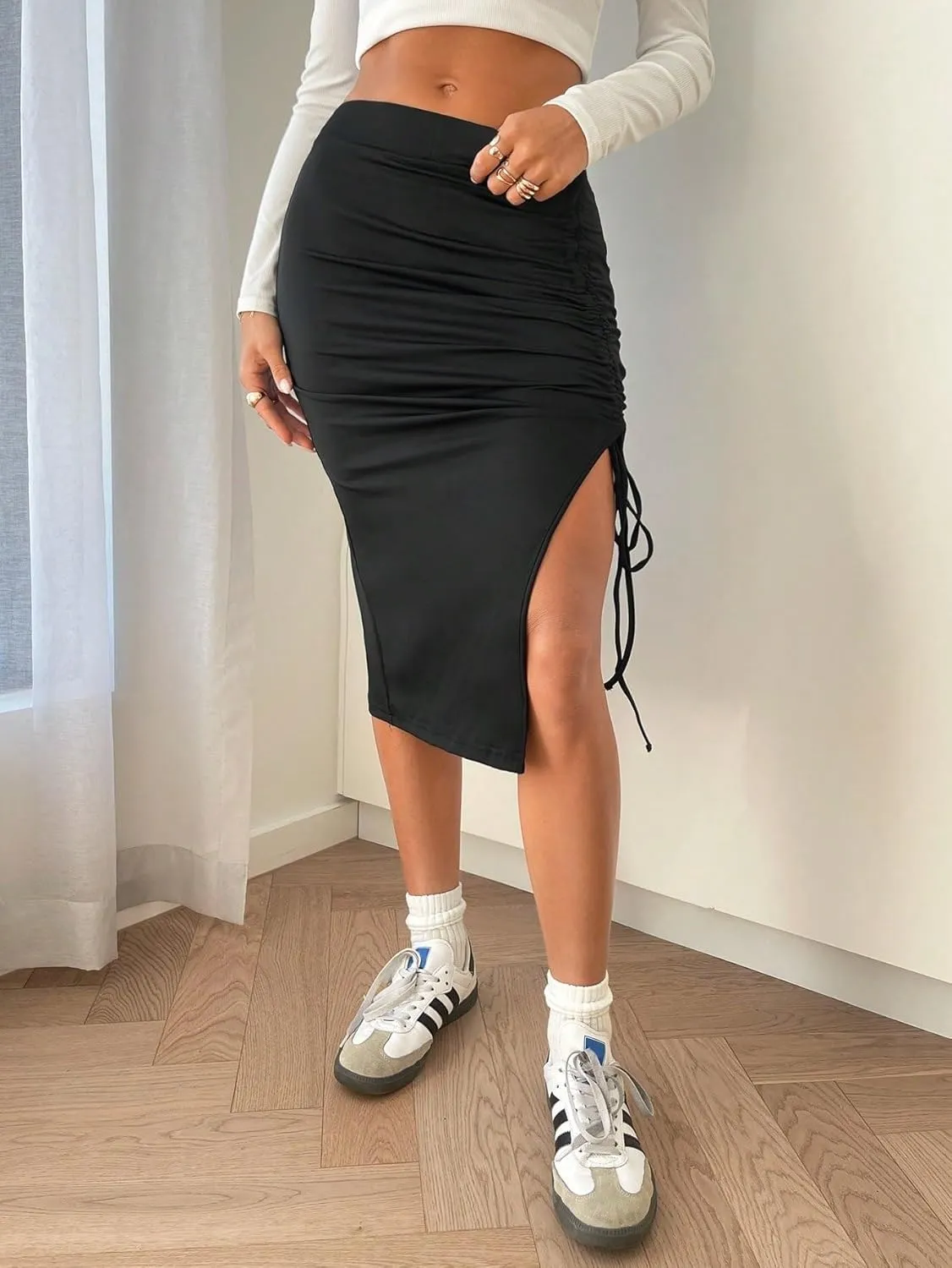 Maxi Skirts for Women Drawstring Slit Skirt