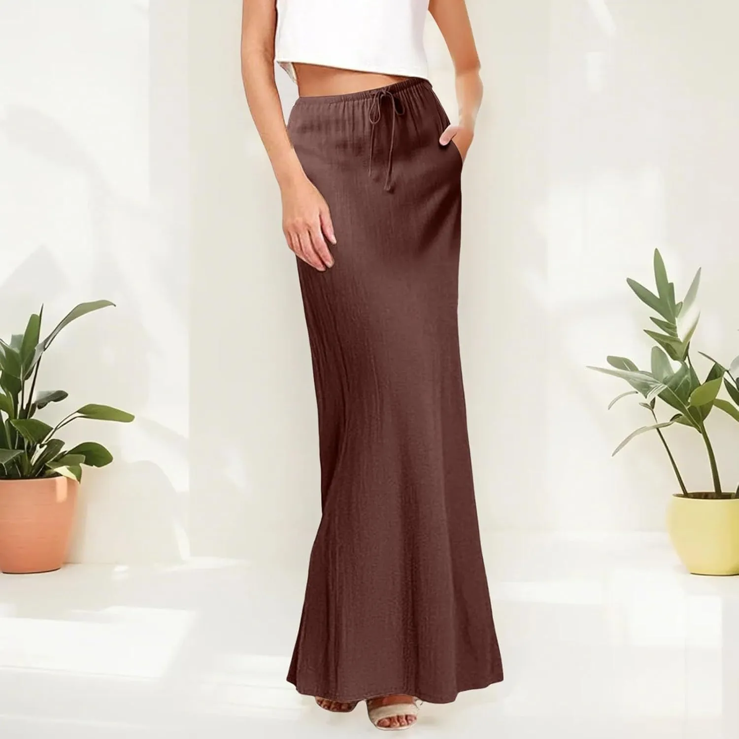 Maxi Skirts for Women Elastic Waist Drawstring Linen Flared Boho Beach Elegant Flowy Ankle Length Skirt with Back Slit