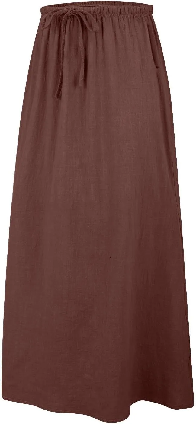 Maxi Skirts for Women Elastic Waist Drawstring Linen Flared Boho Beach Elegant Flowy Ankle Length Skirt with Back Slit