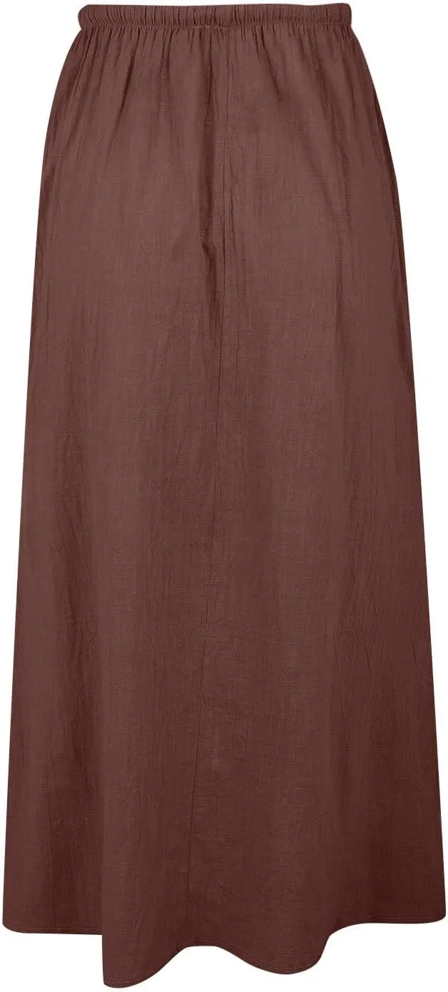 Maxi Skirts for Women Elastic Waist Drawstring Linen Flared Boho Beach Elegant Flowy Ankle Length Skirt with Back Slit