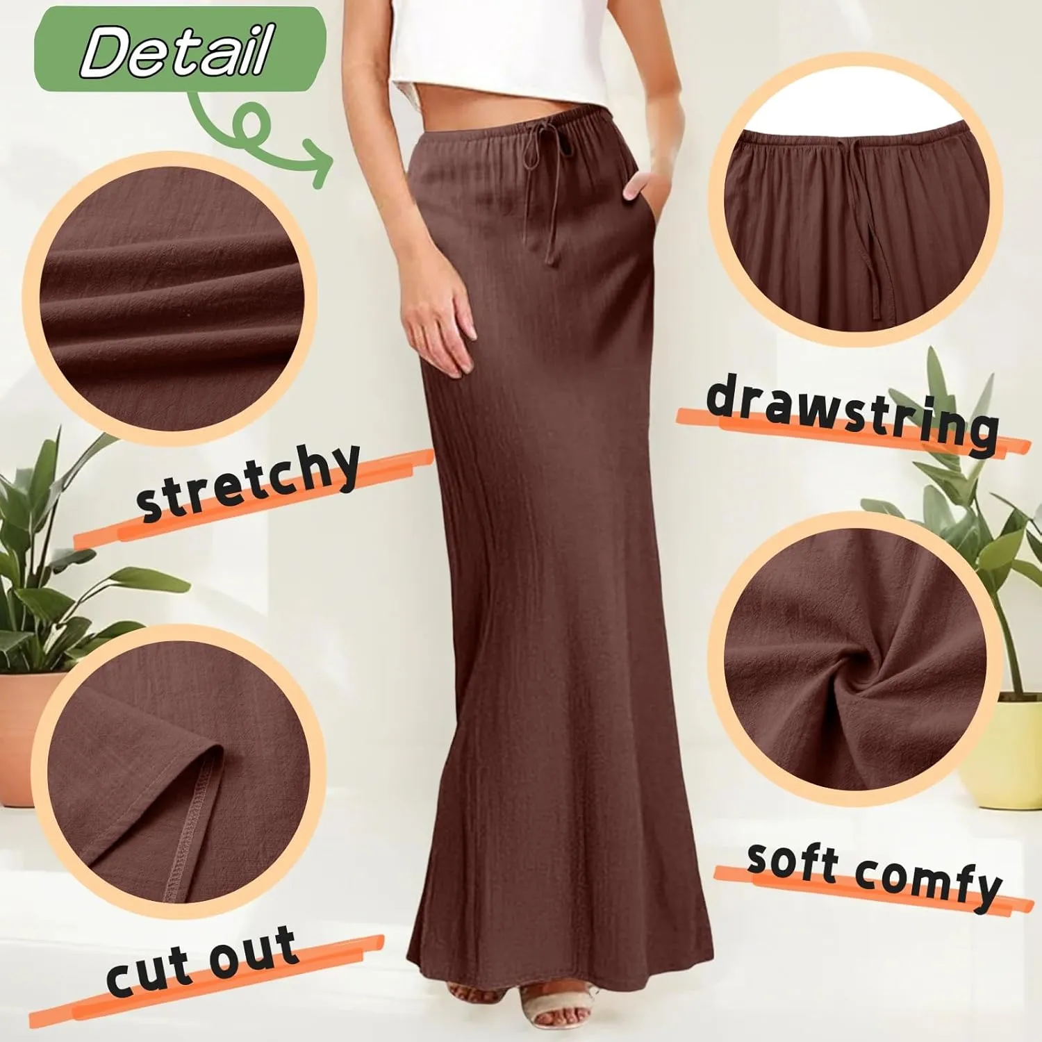 Maxi Skirts for Women Elastic Waist Drawstring Linen Flared Boho Beach Elegant Flowy Ankle Length Skirt with Back Slit