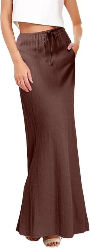 Maxi Skirts for Women Elastic Waist Drawstring Linen Flared Boho Beach Elegant Flowy Ankle Length Skirt with Back Slit