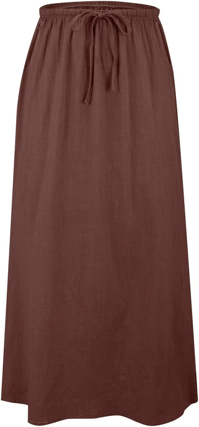 Maxi Skirts for Women Elastic Waist Drawstring Linen Flared Boho Beach Elegant Flowy Ankle Length Skirt with Back Slit