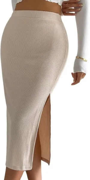 Maxi Skirts for Women High Waist Solid Ribbed Knit Slit Skirt