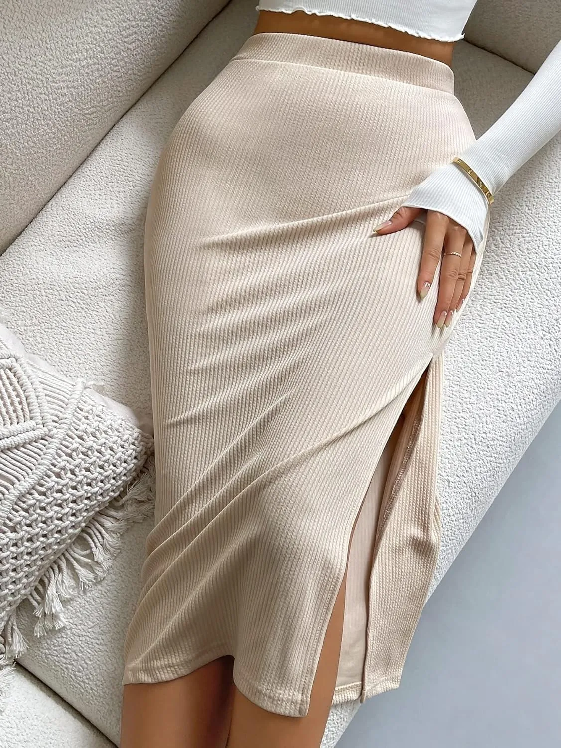 Maxi Skirts for Women High Waist Solid Ribbed Knit Slit Skirt