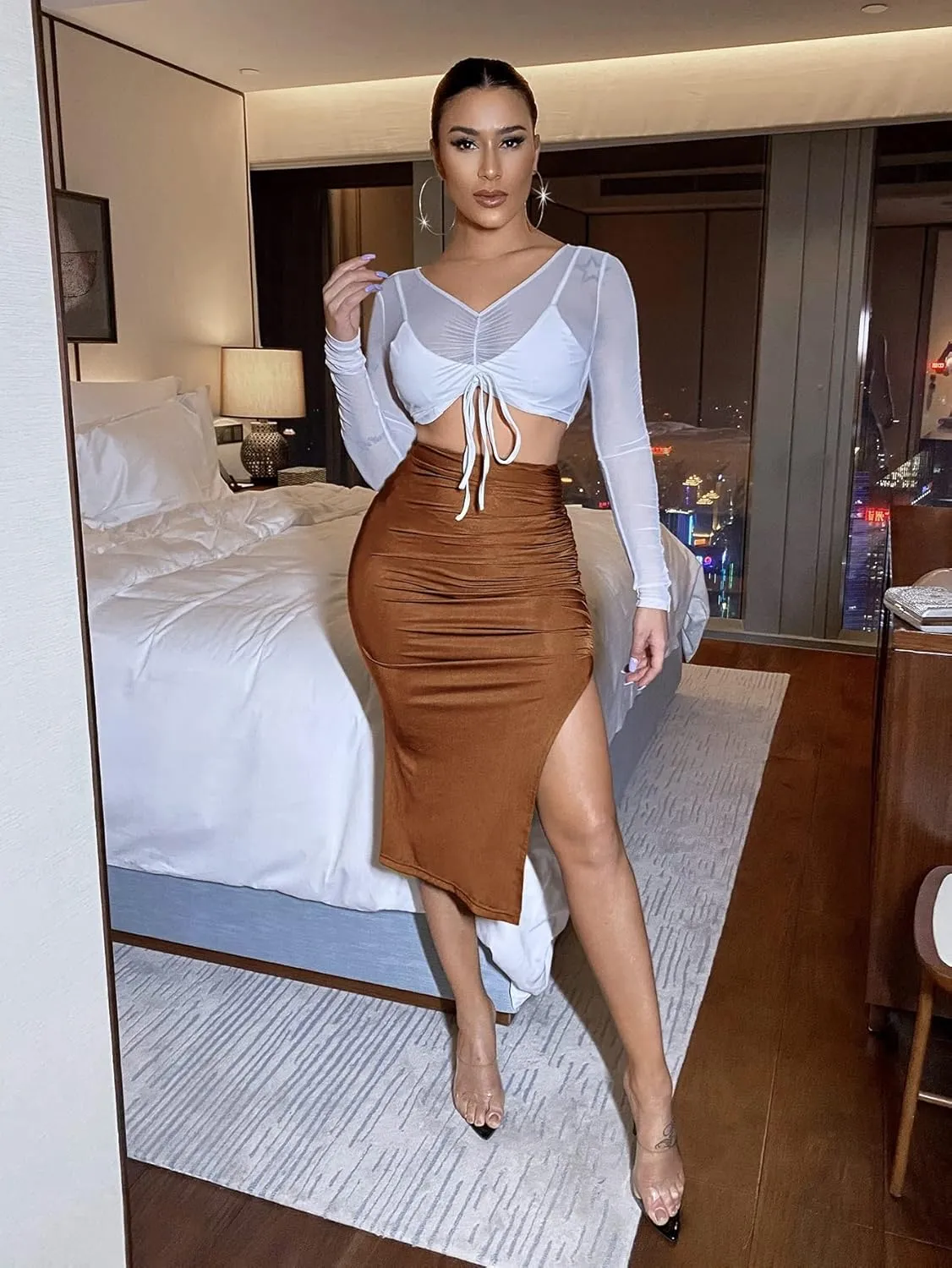 Maxi Skirts for Women Party Solid Ruched Slit Skirt