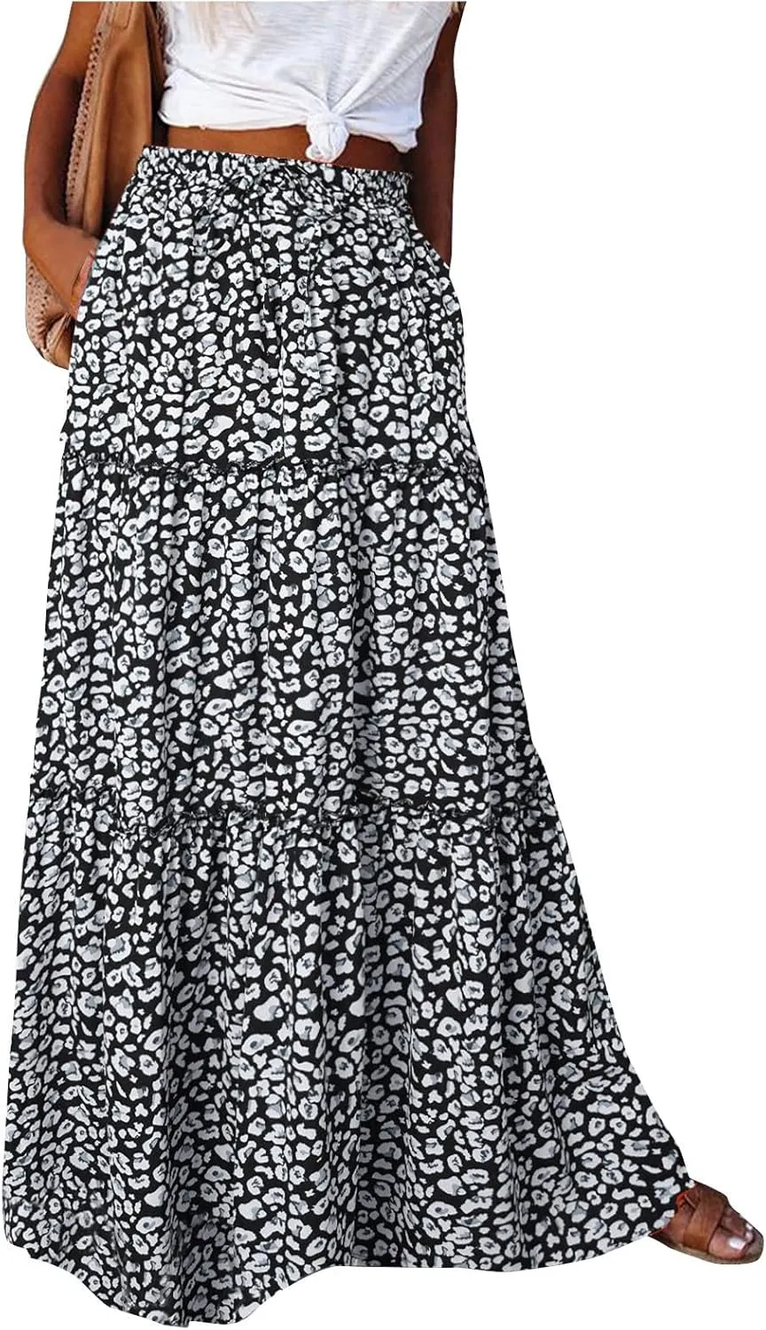 Maxi Skirts for Women Summer Boho Pleated Elastic High Waisted Skirts A-Line Flowy Swing Maxi Skirt with Pockets