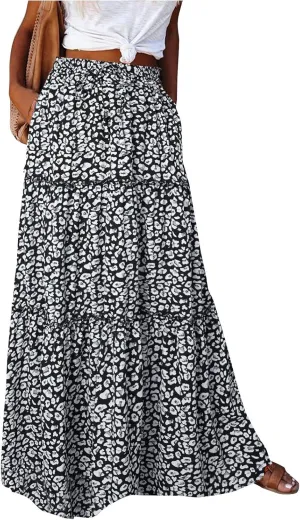 Maxi Skirts for Women Summer Boho Pleated Elastic High Waisted Skirts A-Line Flowy Swing Maxi Skirt with Pockets