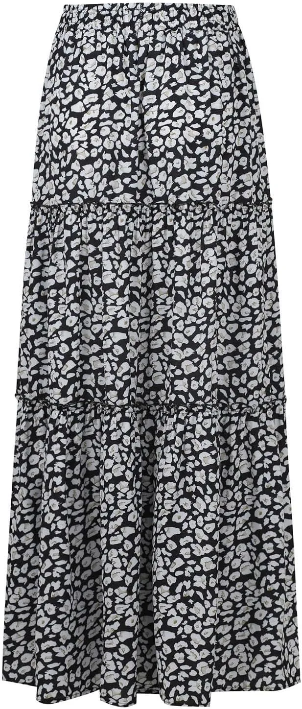 Maxi Skirts for Women Summer Boho Pleated Elastic High Waisted Skirts A-Line Flowy Swing Maxi Skirt with Pockets