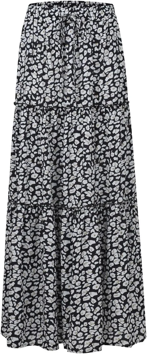 Maxi Skirts for Women Summer Boho Pleated Elastic High Waisted Skirts A-Line Flowy Swing Maxi Skirt with Pockets