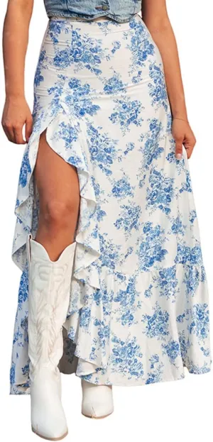 Melliflo Womens Boho Skirt Floral Flowy Ruffle Hem Wrap Skirts Casual High Waist A Line Maxi Skirt with Slit 2025
