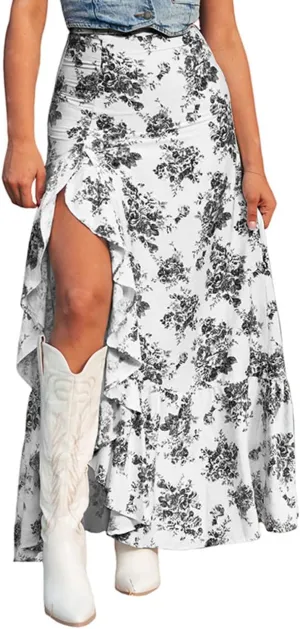 Melliflo Womens Boho Skirt Floral Flowy Ruffle Hem Wrap Skirts Casual High Waist A Line Maxi Skirt with Slit 2025